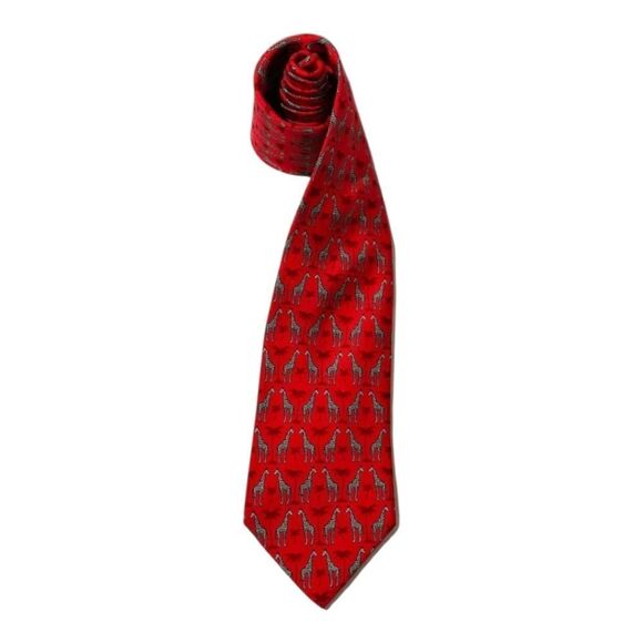 100% REAL HERMES SILK TIE ~ Red with Blue Giraffe - Picture 1 of 7
